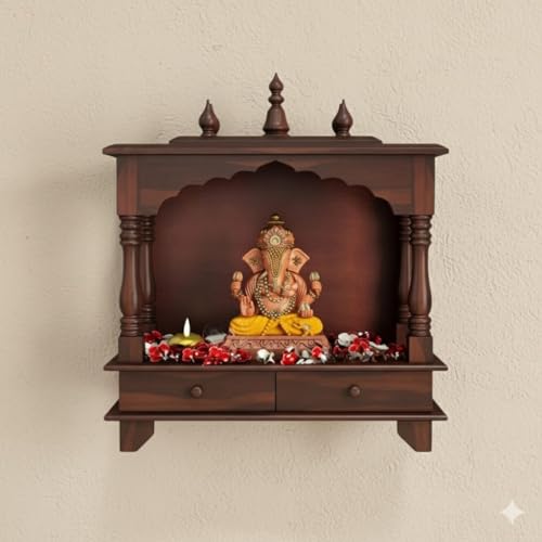 Image of MISAN Wooden Wall Mounted Temple, Traditional Indian Style, Sheesham Wood,Sheesham Wood Pooja Mandir for Home (Walnut)