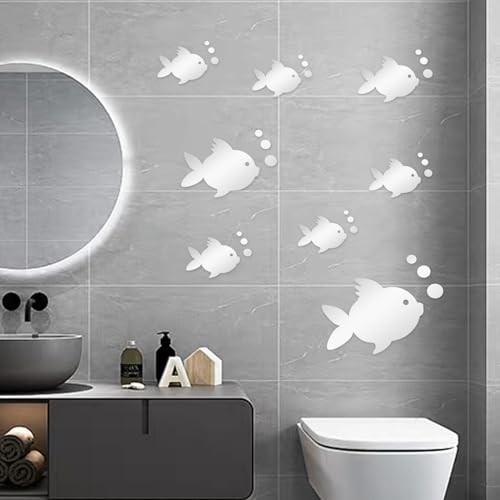 AINIUNIU 3D Miroir Stickers Muraux Poisson et Bulles, Sticker Mural Acrylique, Stickers Muraux pour Chambr Argent Autocollants Miroir Convient pour Salle de...