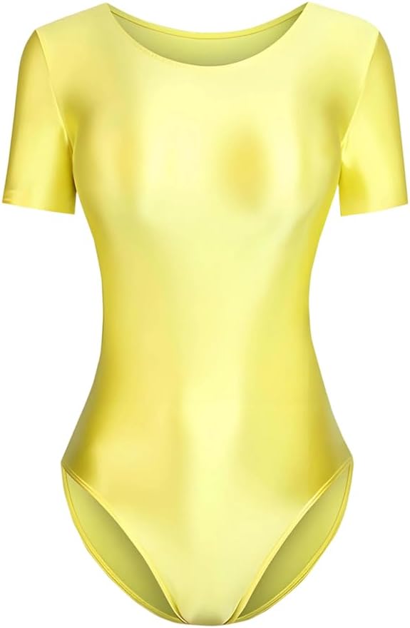 Zadaos Women Spandex Glossy Bodysuit Short Sleeve Swimwear Yoga Surfing Fitness