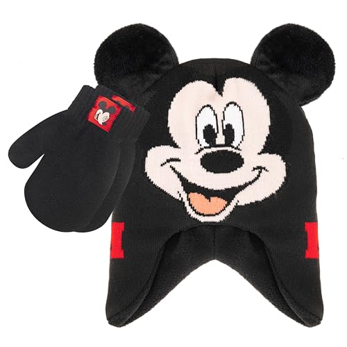 Mickey Mouse 2 Pc. Hat and Snow Gloves Set for Boys and Toddlers, Kids Warm Pom-Pom Beanie and Cute Red Mittens