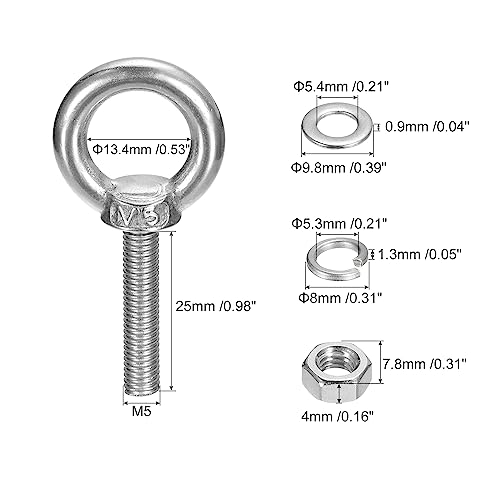 Image of uxcell Lifting Eye Bolt, 2 Sets M5x25mm Eye Bolt with Nut Washer 304 Stainless Steel Shoulder Lifting Ring Eye Bolt for Hanging Item