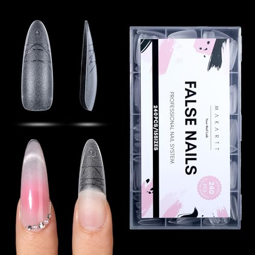 Makartt Long Almond Nail Tips: with Scales for Convenient Shape, Matte, 240 PCS, 15 Sizes, Fake Nails Stiletto - Full Cover Acrylic Press On Nail Extensions Manicure DIY Home for All Nail Beds