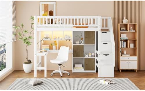 Twin Size Loft Bed with LED Desk and Staircase, Wooden Loft Bed Frame with Storage Cabinets and Shelves for Kids Teens (White)