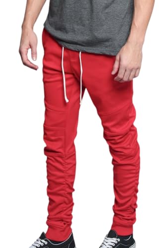 Men's Scrunched Bungee Calf Solid Color Sectional Knee Drawstring Premium Track Pants TR547 - Red - X-Large - GG8E