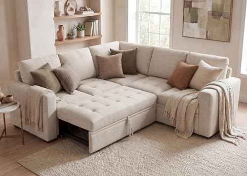 Image of HONBAY Modular Sectional Sofa with Pull Out Bed Convertible L Shaped Couch with Storage Seat Sleeper Sectional Couches for Living Room,Mid Beige
