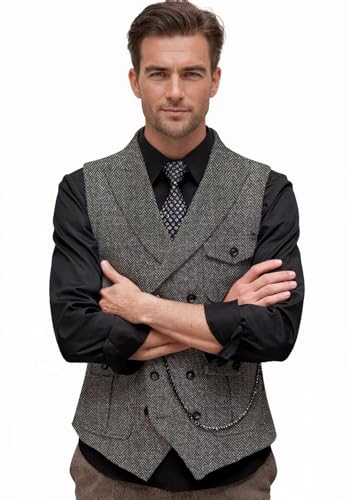 Men's Tweed Retro Vest Business Slim Fit Double Breasted Herringbone Waistcoat Multi-pocket4