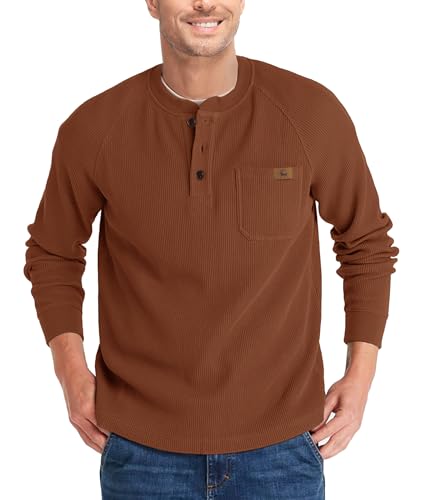 ZITY Long Sleeve Henley Shirts for Men Casual Waffle Thermal Fashion Pullover 3-Button T-Shirt with Pocket,Red Brown XL