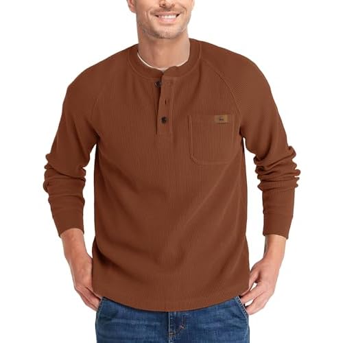 ZITY Long Sleeve Henley Shirts for Men Casual Waffle Thermal Fashion Pullover 3-Button T-Shirt with Pocket Medium Z-red Brown