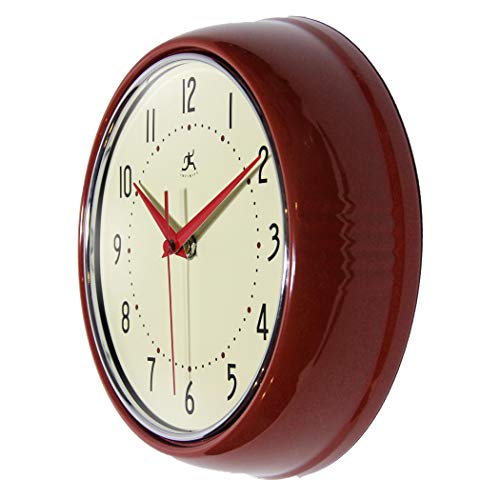 Infinity Instruments LTD. Retro 9 inch Silent Sweep Non-Ticking Mid Century Modern Kitchen Diner Wall Clock Quartz Movement Retro Wall Clock Decorative (Red)…