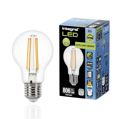 Integral LED E27 Non-Dimmable Dusk to Dawn Dual Sensor Omni-Filament GLS Bulb, Warm White 2700K, 806lm, 7W (60W Equivalent)