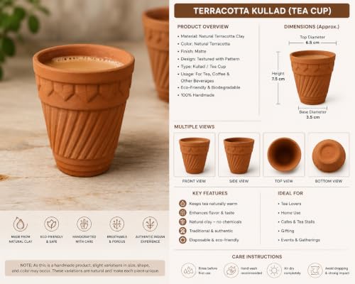 Image of Handmade Terracotta Clay Kulhad Cups 100ml Set of 12 Eco Friendly Reusable Mitti Cups for Tea Coffee Water Traditional Indian Drinkware Kitchen Use