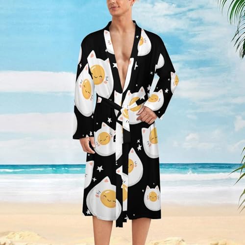 Poached Egg Cat Comfort Robes for Men With Belt Long Sleeve Nightgown Spa Bathrobe Loungewear2