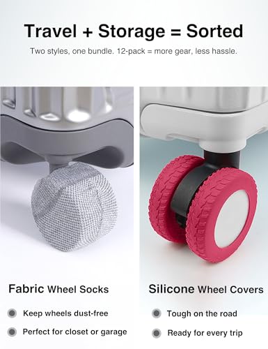 INUSO Luggage Wheel Covers 12-Pack for 8-Wheeled Suitcases (2–2.4in), Anti-Fall Silicone Protectors + Dustproof Fabric Socks, Travel & Storage Wheel Protector Set (Black+Grey)2
