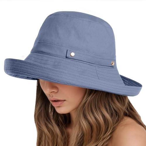 KEOYA Women's Cotton Linen Sun Hat SPF50+ Breathable Wide Brim Bucket Hat Adjustable Button Detachable Elastic Cord Blue