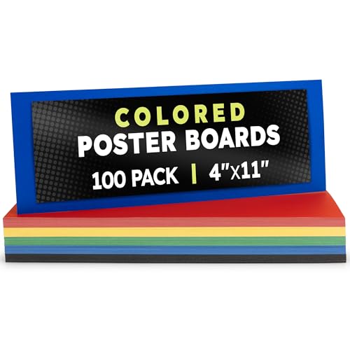 Image of Hygloss Small Colored Poster Board 4x11 - 100 Assorted Standard Color Bulk Pack - Red, Yellow, Green, Blue, Black - 10 Pt. Thickness Poster Board Paper - Posterboard Multipack 4 inch x 11 inch