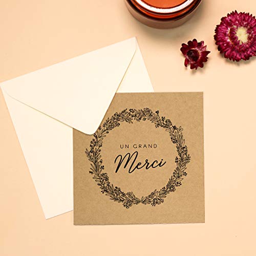 popcarte 16 Cartes Remerciement avec 16 Enveloppes Blanches • Format Pratique 10x10 cm • Verso vierge pour écrire • Kraft avec Jolie Illustration Couronne Fleurs Cover