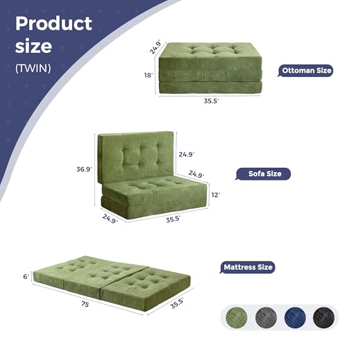 Image of MAXYOYO 6 inch Folding Sofa Bed for Floor, Tufted Tri-Fold Floor Mattress with Chenille Fabric, Twin Size Portable Sofa Couch Guest Mat for Adults, Foldable Topper for Camping, Green, 35.4 inchx75 inch