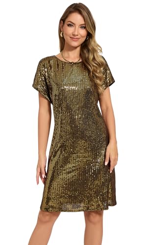 Image of Women's Crewneck Sequin Shift Dress Short Sleeve Casual Holiday Sparkly Party Dress