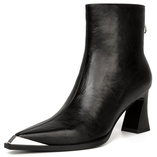 Bouwno Black Pointed Toe Ankle Boots for Women Metal Leather Side Zipper Chunky Block Heels...