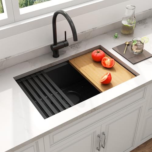 Image of LQS 28 Inch Black Undermount Kitchen Sink, Stainless Steel Workstation Sink