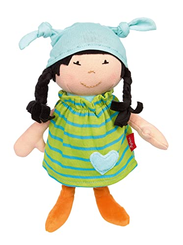 SIGIKID 39649 Puppe Brenda Bilipup, Stoffpuppe mit Kleidchen zum An- und Ausziehen, Kuschelpuppe, Einschlafhilfe, spielen, schmusen, für Babys & Kinder ab 6 Monaten, Grüngestreift 24 cm
