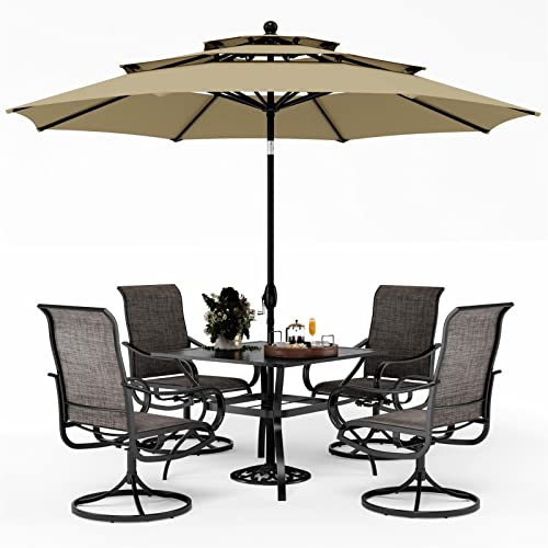 PHI VILLA Patio Table and Chairs Dining Set with Umbrella for 4, Outdoor Dining Set with 4 Swivel Patio Chairs, 1 Square Metal Dining Table and 10ft Beige Large Patio Umbrella (No Umbrella Base)