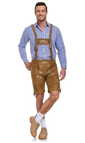 AMZHOTER Lederhose Herren Tracht Oktoberfest Trachtenhose Trachtenlederhosen Kurz Lederhosen Mann Braun bayrische Trachten Hose Trachtenmode mit Hosenträger Hellbraun 48