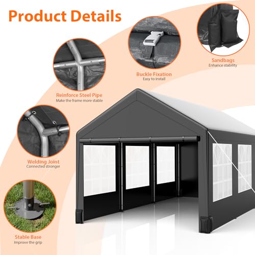 Image of 10'x20' Heavy-Duty Canopy Carport, Waterproof & UV-Resistant Garage Tent with 4 Load-Bearing Sandbags, Roll-Up Mesh Windows for Cars, Boats, and Outdoor Equipment