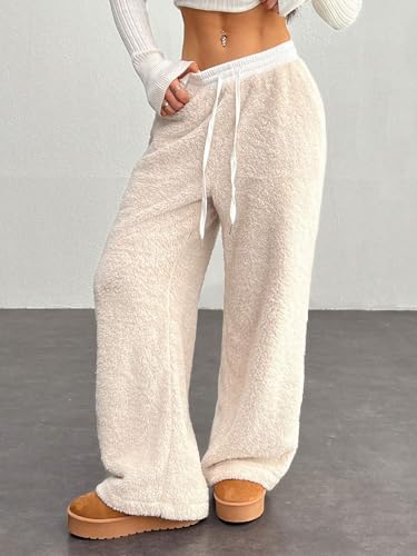 Image of ZAFUL Women's Fuzzy Plush Pajama Pants Wide Leg Pj Bottoms Lounge Pants | Soft Fluffy Sleep Pants Drawstring Elastic Waist Teddy Pjs for Women No Pockets