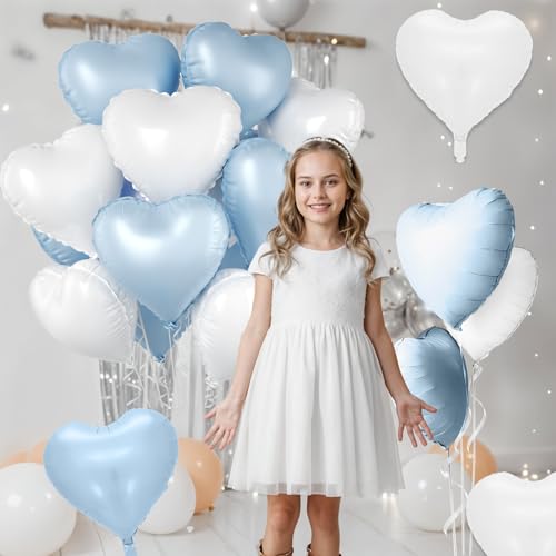 Image of Baby Blue Heart Balloons, 10 Pcs Pastel Light Blue and White Heart Shaped Balloon, 18 Inch Cream Sand White Foil Balloons for Boys Men Brithday Bridal Baby Shower Wedding Valentines Party Decoration