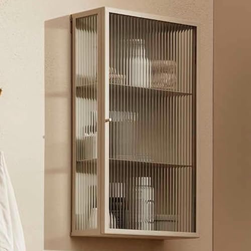 LIUJHGH Armadio a parete con porta in vetro, armadietto moderno in metallo con vetro temperato, pensile da farmacia sospeso per cucina, bagno o camera da letto(Beige,Left)