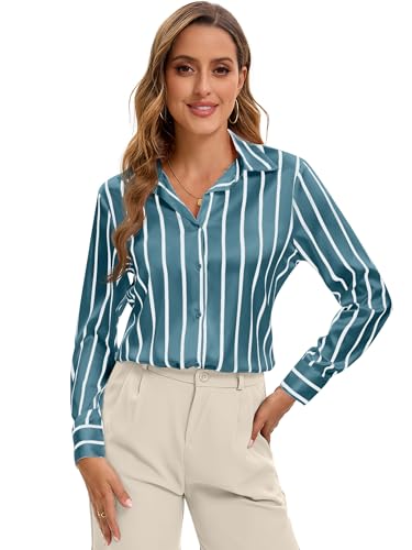 Image of Premium Soft Breathable Stretch Satin Silk Button Down Shirts for Women Long Sleeve Leopard Blouses Work Dress Tops