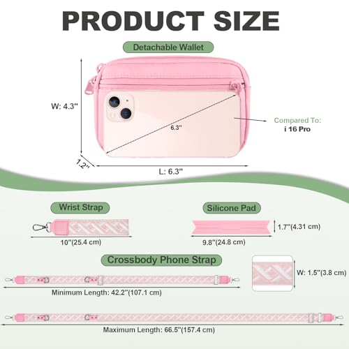 Image of YFWE Clip and Go Strap for Phone with Wallet Crossbody, Adjustable Phone Lanyard with Detachable RFID Wristlet Wallet, Pattern Strap, Pink(M)