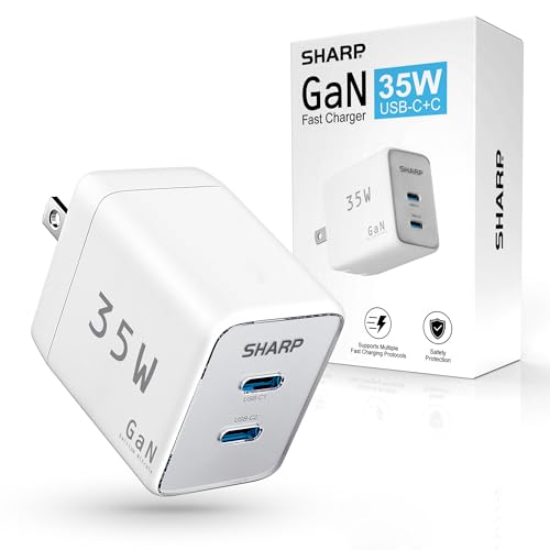 Sharp USB C Charger - 35W, Dual Port (2 USB-C) Compact Foldable GaN Fast Charge for iPhone 15/15 Pro/15 Pro Max/14/13/12, Pad Pro/AirPods and More, White
