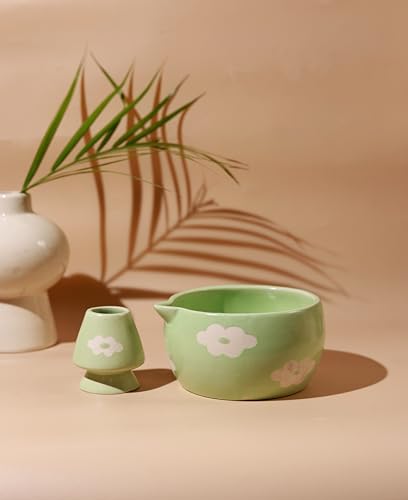 Image of Craftribal Handmade Ceramic Blossom Matcha Bowl with Whisk Holder - Pottery Chawan for Japanese Tea Ritual, Matcha Lovers & Gifting|Bowl - 5.5 inches|Holder-2.5 inches|Design-Green Floral