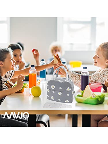 Image of Aavjo Insulated Waterproof Lunch Bag Women Girls, Reusable Cute Tote Lunch Box for Adult & Kids, Leakproof Cooler Lunch Bags for Work Office Travel School Picnic (Grey Flower)
