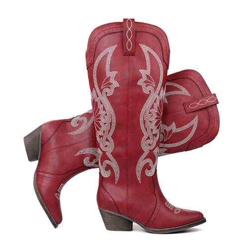 Image of Hawkwell Women's Cowboy Cowgirl Boots Slip On Pointed Toe and Block Heel Shoes with Classic Embroidered Pull On Tall Boot for Ladies Dress Western Knee High Boots