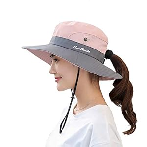 KorhLeoh Sun Hat for Women Uv Protection Mesh Wide Brim Beach Fishing Hat with Ponytail Hole