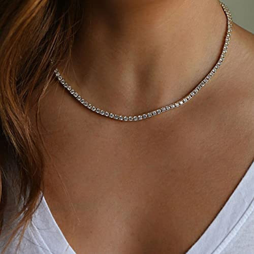 Tennis Necklace for Women 14K Gold Plated or Silver Rhinestone Choker Necklaces Dainty Zirconia Cut Faux Diamond chain 3mm4