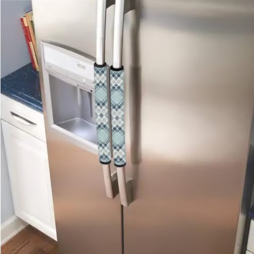 Image of 6 Pcs Refrigerator Microwave Door Handle Covers Electrical Appliances Handle Protector Keep Clean and Protected from Oil Stains, Fingerprints, Liquids, Green Blue Plaid