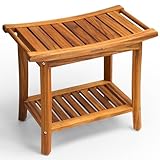 GREENTEAK Shower Bench, Waterproof Teak Shower Stool, Non-Slip Wooden Stool for Bathroom, Teak Wood Shower Seat Chair for Shower Storage Shelf, 300 Lbs Capacity, Provides Safety (22'' 2-Tier)