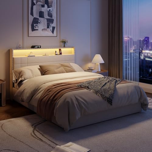 Forestell-Queen-Bed-Frame-with-Headboard-Upholstered-Platform-Bed-with-4-Storage-Drawers-Built-in-LED-Lights-Charging-Station-Metal-Slats-Support-No-Box-Spring-Needed-Beige-Cama-Queen-Size