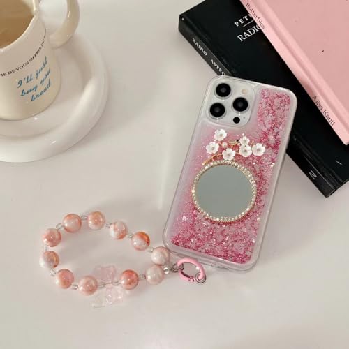 Coque iPhone 13 liquide paillettes avec chaîne de poignet fleur en silicone