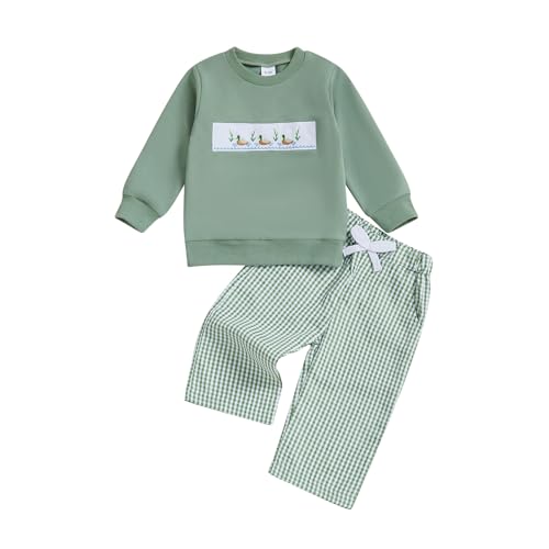Baby Boy Fall Outfit Toddler Hunting Clothes Long Sleeve Duck Embroidery Crewneck Sweatshirt Pants Set