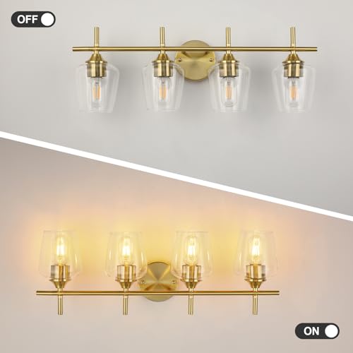 Image of foucasal Bathroom Light Fixtures 4-Light Gold Bathroom Vanity Light with Clear Glass Shade, Modern Wall Lights for Bedroom Hallway Living Room (Gold, 4-Light)