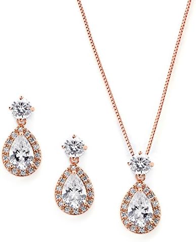MariellRose Gold CZ Pear Shaped Necklace and Earrings Set - Wedding Jewelry for Brides & Bridesmaids