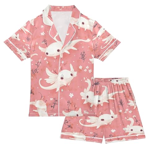 Vozoza Axolotl Cute Corals Silk Pajama Sets Short Sleeve Pajamas Soft Sleepwear 2 Piece Pjs Set 9-10 Years