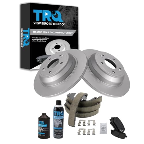 Image of TRQ Rear Brake Pad & Rotor Kit, with Chemical Kit Parking Brake Shoe Set Ceramic Premium G-Coated Compatible with 2009 Hyundai Genesis