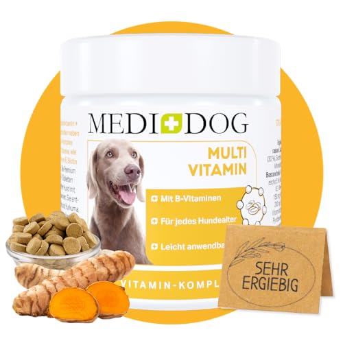 MEDIDOG Multi Vitamin B Komplex Tabletten – ca. 260 Tabletten – hochdosiert, mit VIT. B1, B2, B3, B6, B12, VIT. A, VIT. E, mit Casein, Bierhefe und Kurkuma