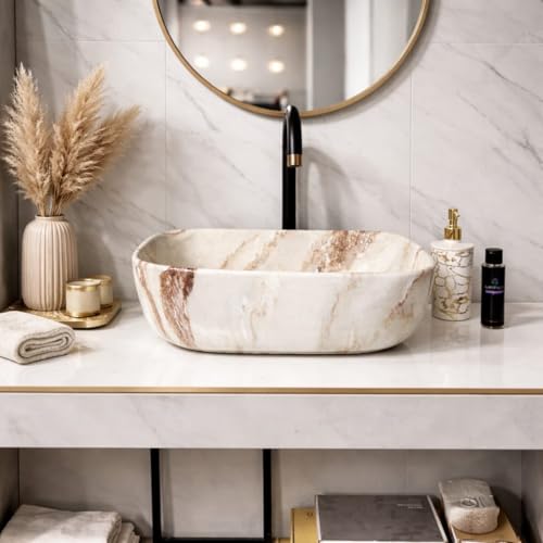 Image of Ceramic Tabletop Wash Basin - Glossy Rectangular Countertop Vessel Sink with Marble Finish for Bathroom & Vanity | Compact 18 x 13 x 5 Inch | Elegant Washbasin